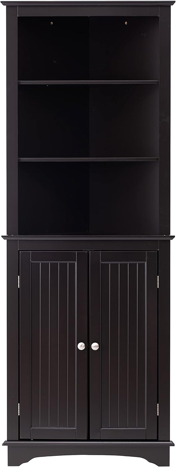 Spirich Home Tall Corner Cabinet with Two Doors and Three Tier Shelves, Free Standing Corner Storage Cabinet for Bathroom, Kitchen