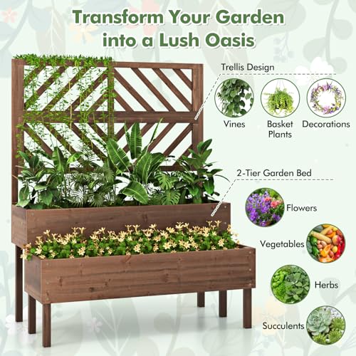 Raised Garden Bed with Trellis & 2 Planter Boxes, 2-Tier Outdoor Wooden Elevated Planter Box with Legs & Drainage Holes