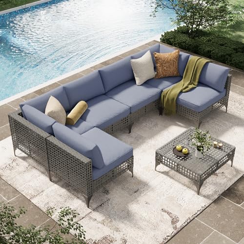 U-MAX 7 Piece Outdoor Patio Furniture Set, PE Rattan Outdoor Wicker Sectional Furniture Chair Set with Cushions and Tea Table