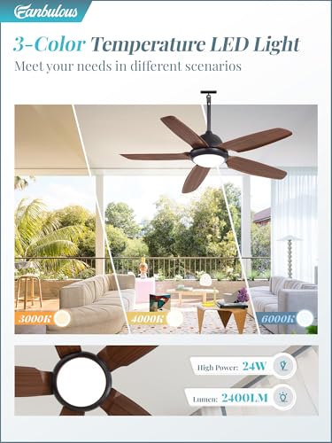 42 Inch Waterproof Outdoor Ceiling Fan with Lights and Remote,IP65 Hanging Gazebo Fan with 3CCT 6-Speed DC Motor