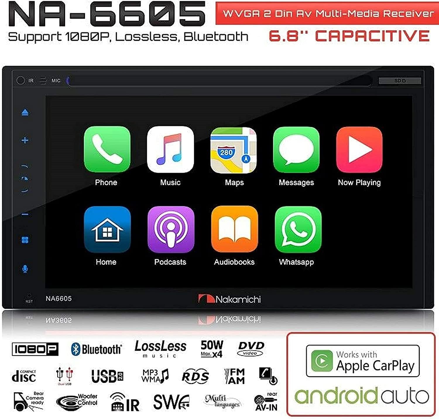 NAKAMICHI NA6605 Double-Din In-Dash 6.8" WVGA Display Apple Car Play & Andriod Auto Multimedia CD DVD USB MP3 Bluetooth Spotify & Pandora Car Stereo