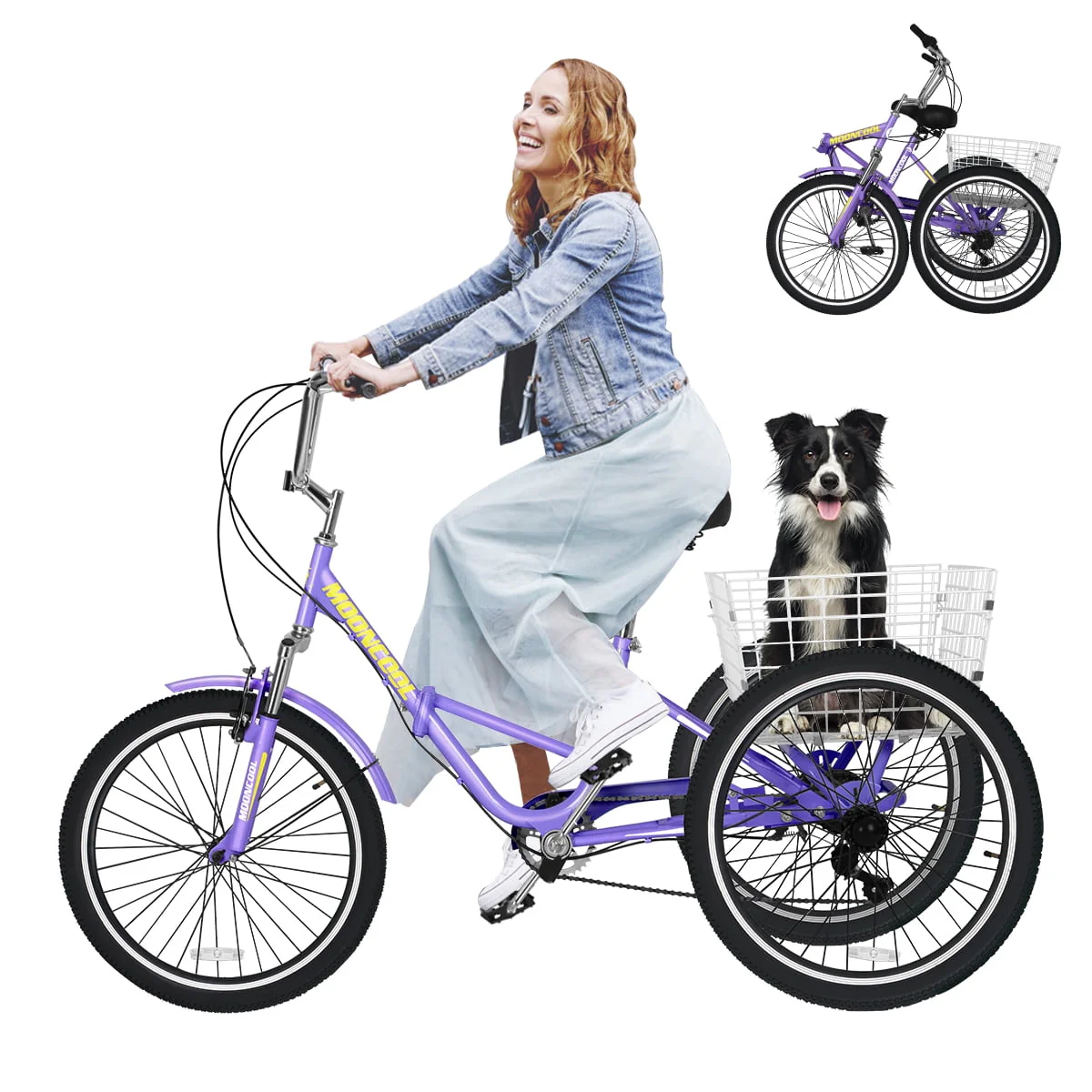 MOONCOOL Adult Folding Tricycle for Adults, 7 Speed 20/24/26 inch 3 Wheels Bikes with Basket, Foldable Tricycle for Adults, Women, Men, Seniors