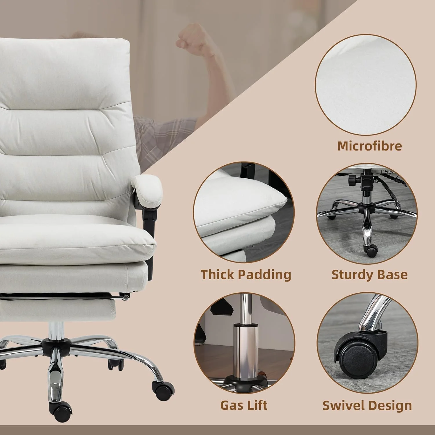 Microfibre Executive Massage Office Chair, Computer Desk Chair, Heated Reclining Chair With Footrest, Double-Tier Padding, Swivel Wheels, Cream White