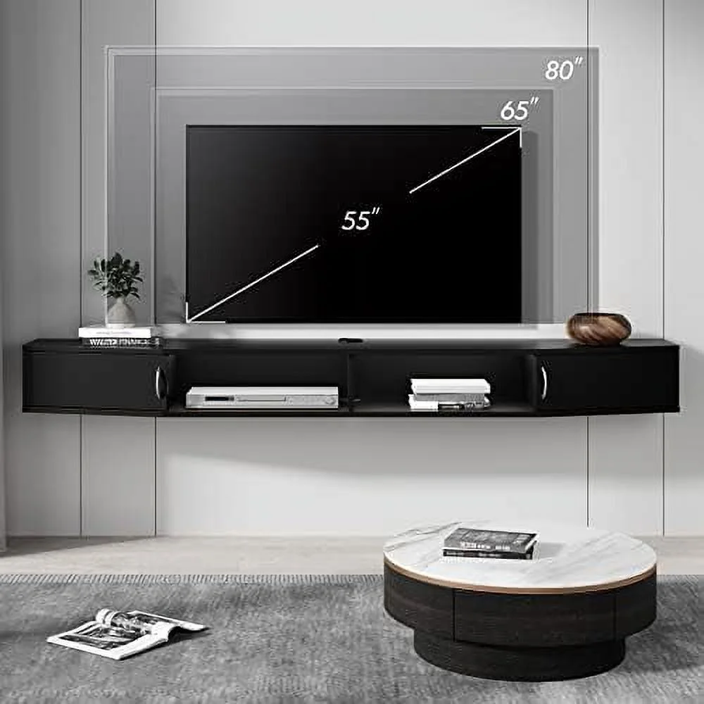 RUNFAYBIU Floating TV Stand Wall Mounted  with Colorful LED Lights  Wood Media Console Entertainment Center Under TV  Cabinet Hutch Desk  for Home