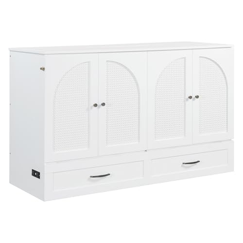 Harper & Bright Designs Queen Size Murphy Bed Cabinet Wall Bed Chest with USB, Charging Station and Large Storage Drawer for Home Office (White)