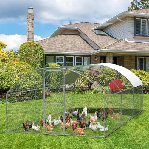 Heavy Duty Walk-in Chicken Coop, Large Metal Poultry Cage with Waterproof UV Cover & Round Top Design