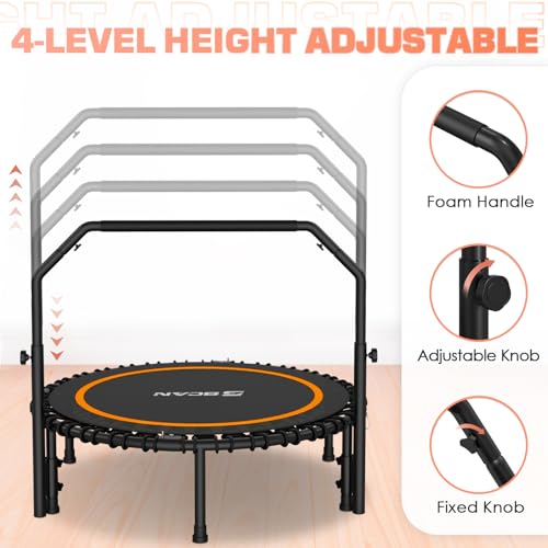 BCAN 450/550 LBS Foldable Mini Trampoline, 40"/48" Fitness Trampoline with Bungees, U Shape Adjustable Foam Handle