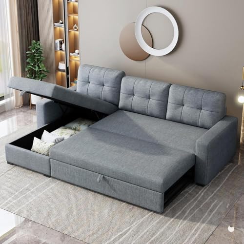 Ball & Cast Convertible Sofa Bed with Reversible Storage Chaise,Linen Sleeper Sofa Couch L Shaped Pull Out Couch Bed