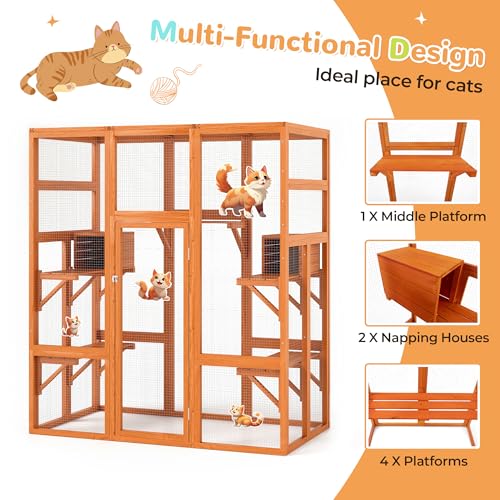 COZIWOW 70Inches Large Stable Spacious Wooden Catio Outdoor Cat Enclosure with Perches and Condos, Cat Cage Indoor with Waterproof Roof