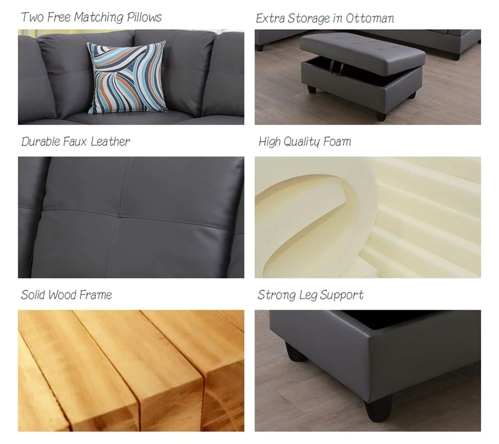 Cazenovia 103.50" Wide Dark Grey F09516B Faux Leather Sectional with Ottoman Right Hand Facing