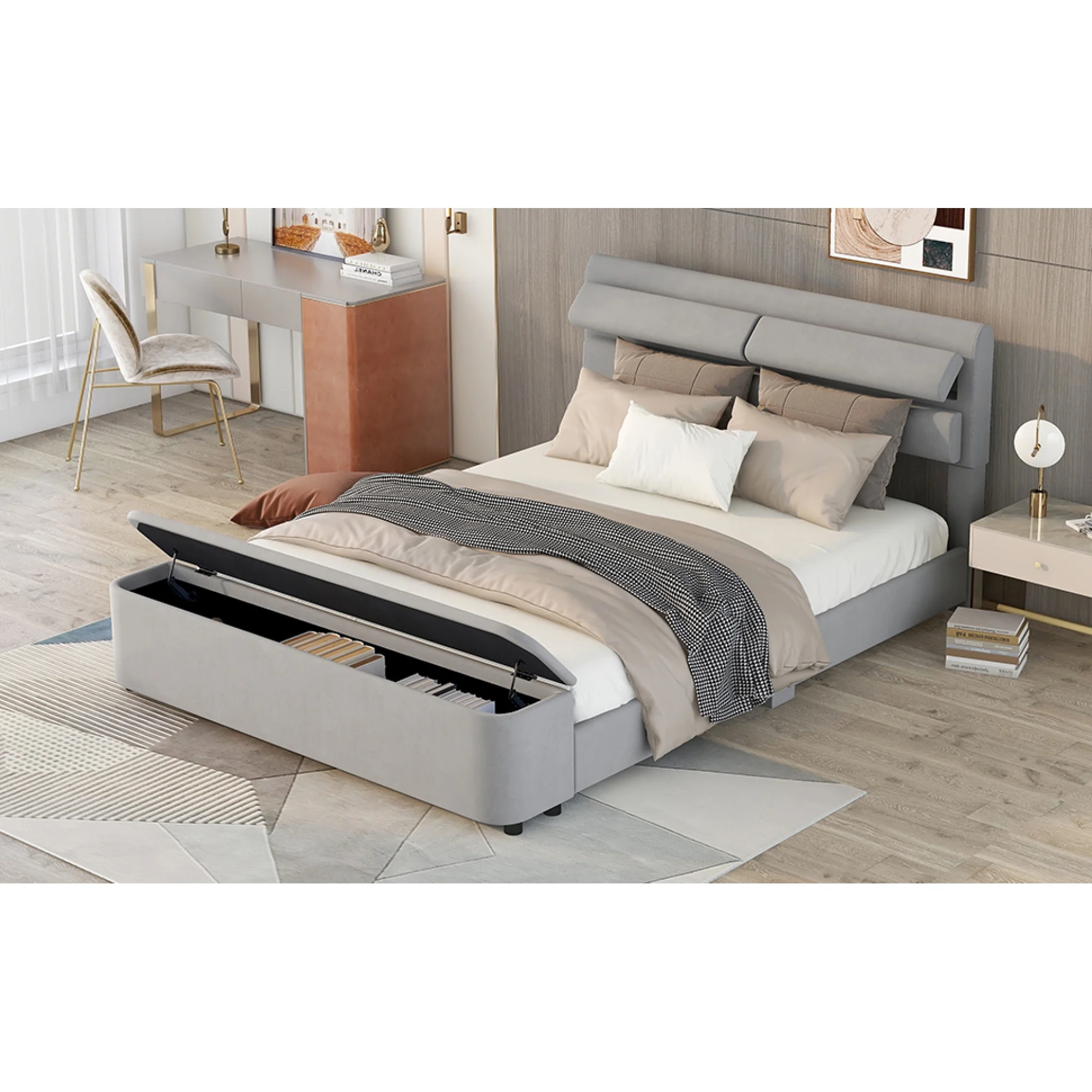 Dawn Whisper Queen Size Upholstery Platform Bed with Storage Headboard and Footboard, Support Legs, Grey