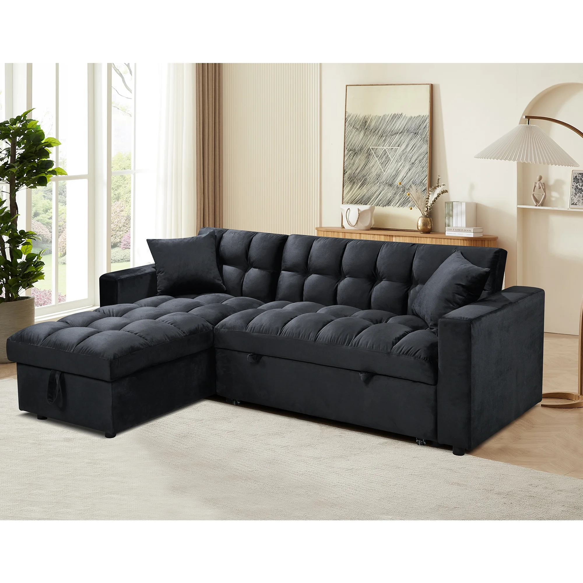Muumblus 84" Convertible Sofa Bed, Pull Out Sofa Bed, Modern Tufted Sectional Sleeper Sofa with Storage Chaise, L Shaped Sofa Couch for Living Room
