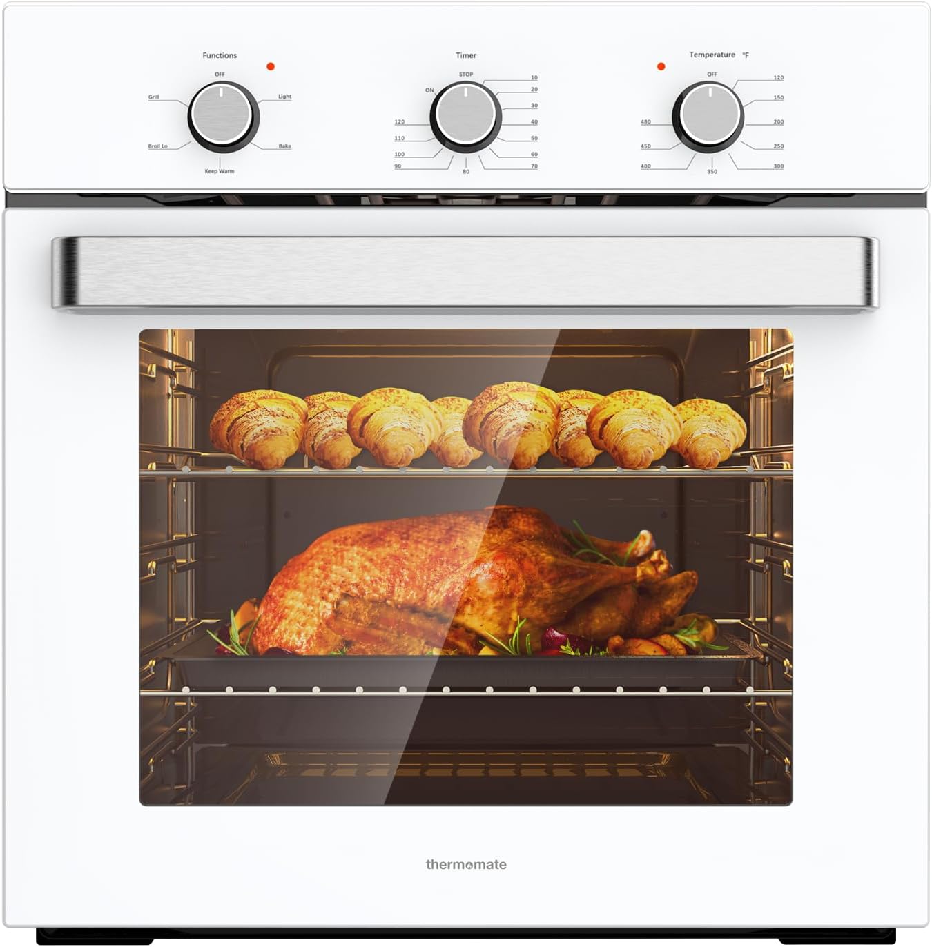 24" Single Wall Oven, thermomate 2.79 Cu.ft. Electric Wall Oven with 5 Cooking Functions, 2200W White Built-in Ovens with Mechanical Knobs Control