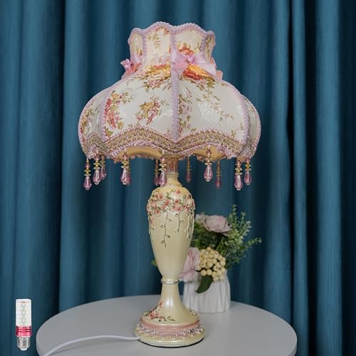 Lovely Table Lamp with Fabric Lampshade, Antique Flower Decorative Bedside Desk Lamp, Handmade Night Light for Bedroom Nightstand