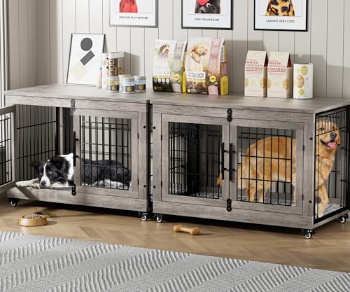 Lulive Dog Crate Furniture for Medium Dogs, 32'' Dog Kennel Indoor with Cushion & Wheels Wooden Dog Cage Double Doors Dog Crate End Table, Grey