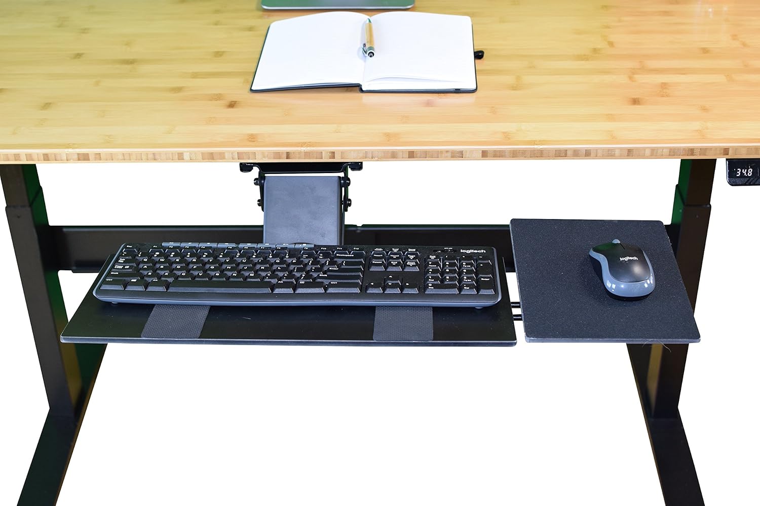 Uncaged Ergonomics KT1 Ergonomic Under-Desk Computer Keyboard Tray. Adjustable height angle negative tilt sliding pull out drawer platform swivels
