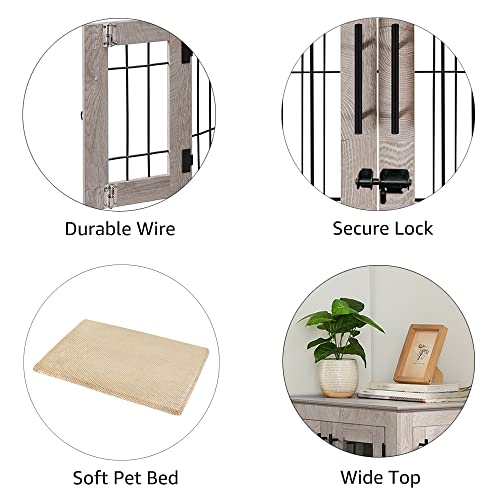beeNbkks Furniture Style Dog Crate End Table, Double Doors Wooden Wire Dog Kennel with Pet Bed, Decorative Pet Crate Dog House Indoor Medium Large