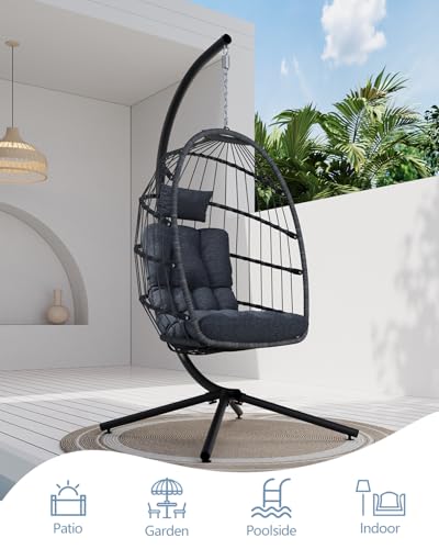 SWITTE Egg Chair Outdoor with Stand, Indoor Wicker Hanging Egg Swing Chair with Cushion, 350lbs Capacity for Patio, Bedroom, Garden - Gray