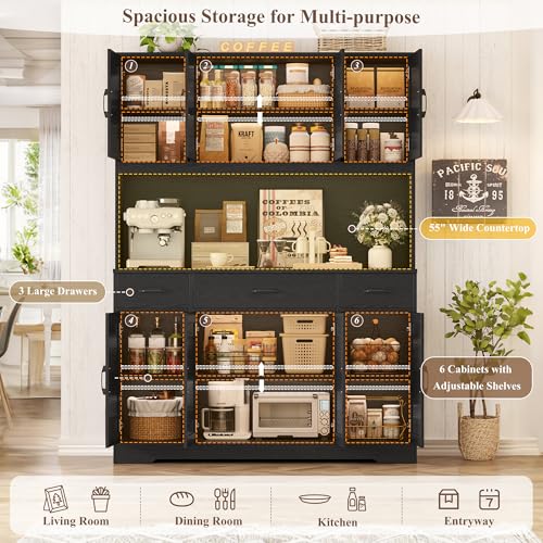 HOSTACK 71" Tall Kitchen Pantry Storage Cabinet with Charging Station, 55" Wide Kitchen Hutch Cabinet with Large Countertop
