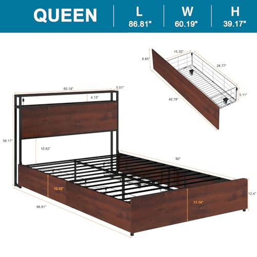 Queen Size Bed Frame with 4 Storage Drawers, LED Platform Bed with Headboard, Built in Charging Station, Noise Free, Stable and Solid