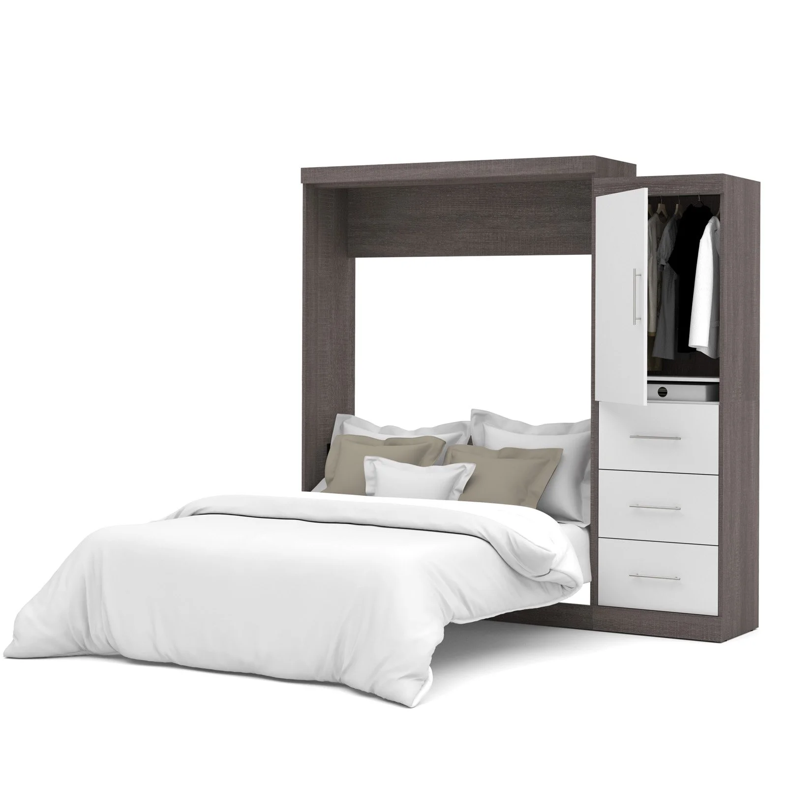 Nebula by Bestar 84" Full Wall Bed Kit with Storage and a Door and 3-Drawer Set in Bark Gray & White
