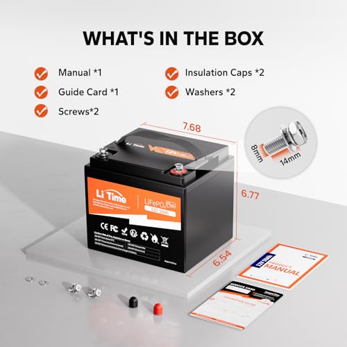 LiTime 12V 50Ah Lithium LiFePO4 Battery Built in BMS, 10 Years Lifetime 4000+ Cycles Output Power 640W, Perfect for Boat Marine Trolling motor Camping