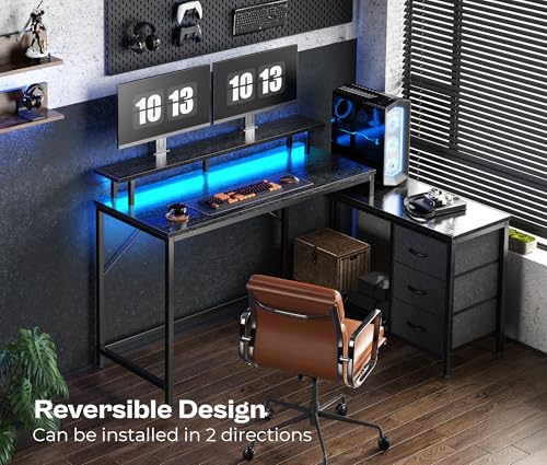 Huuger Reversible L Shaped Computer Desk with Drawers, Gaming Desk with LED Lights and Power Outlets, Office Desk with Storage Shelves
