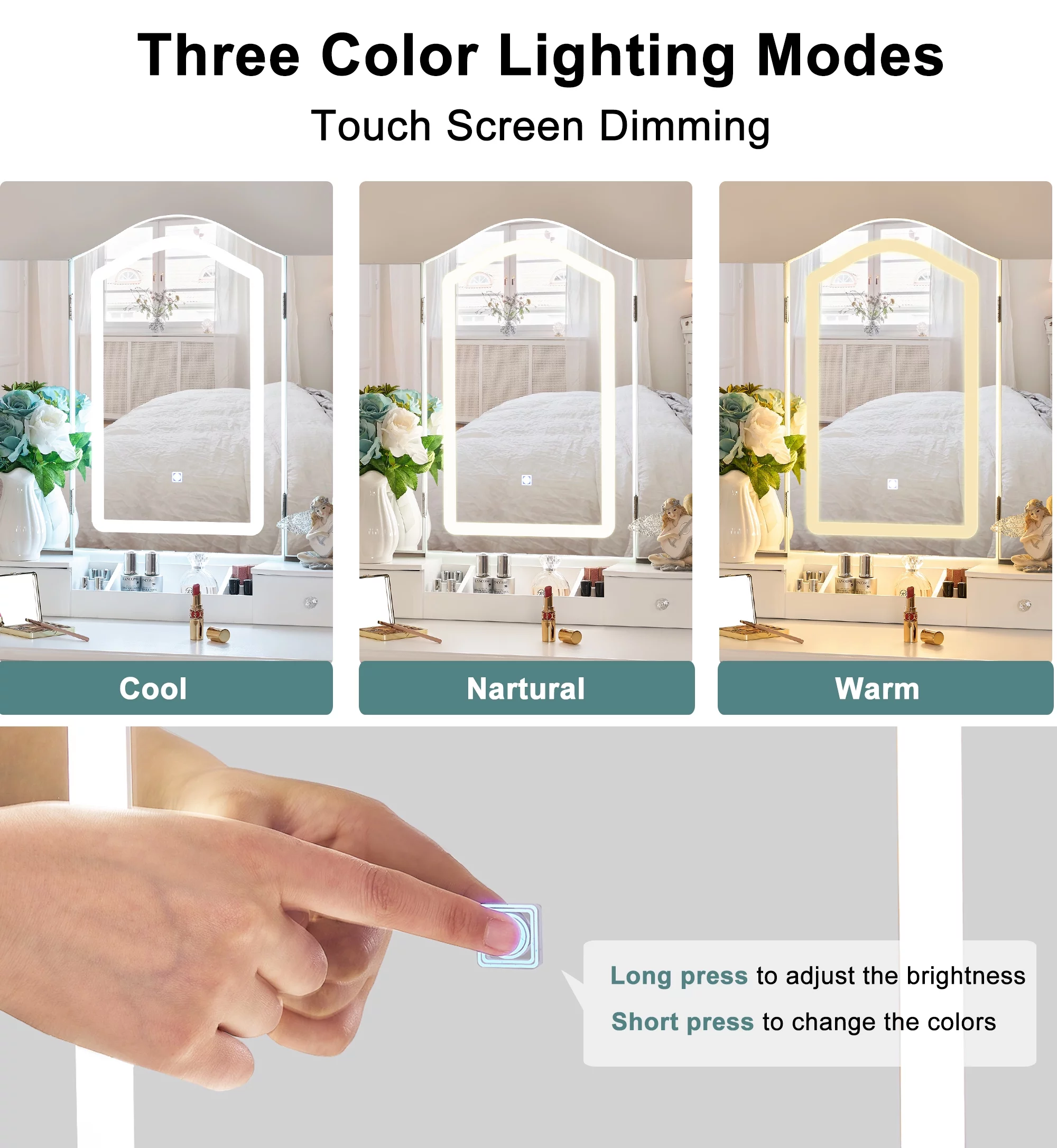 BEWISHOME Vanity Desk with Mirror and Lights, Makeup Vanity with Lights, White Vanity Set with Tri-Folding Mirror with 3 Colors