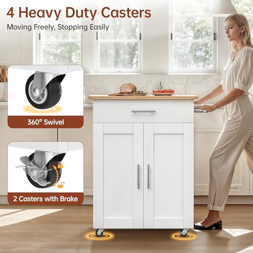 Kitchen Island with Storage, 31.5" D Rolling Kitchen Island Cart on Wheels with Widen Drop Leaf Rubberwood Top