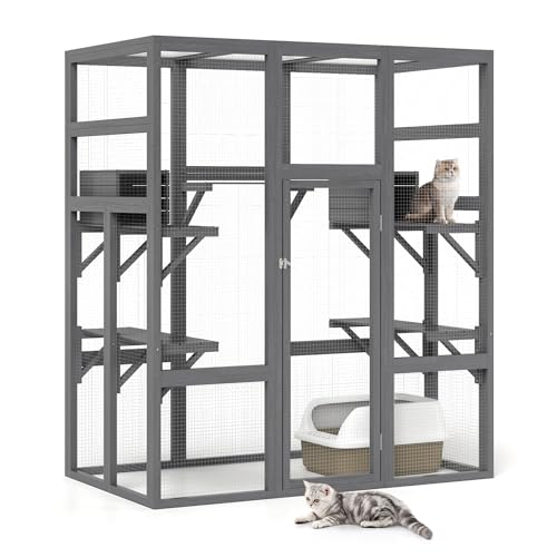71Inches Large Wood Catio Outdoor Cat Enclosure with Perches and Condos, Cat House Indoor with Waterproof Roof