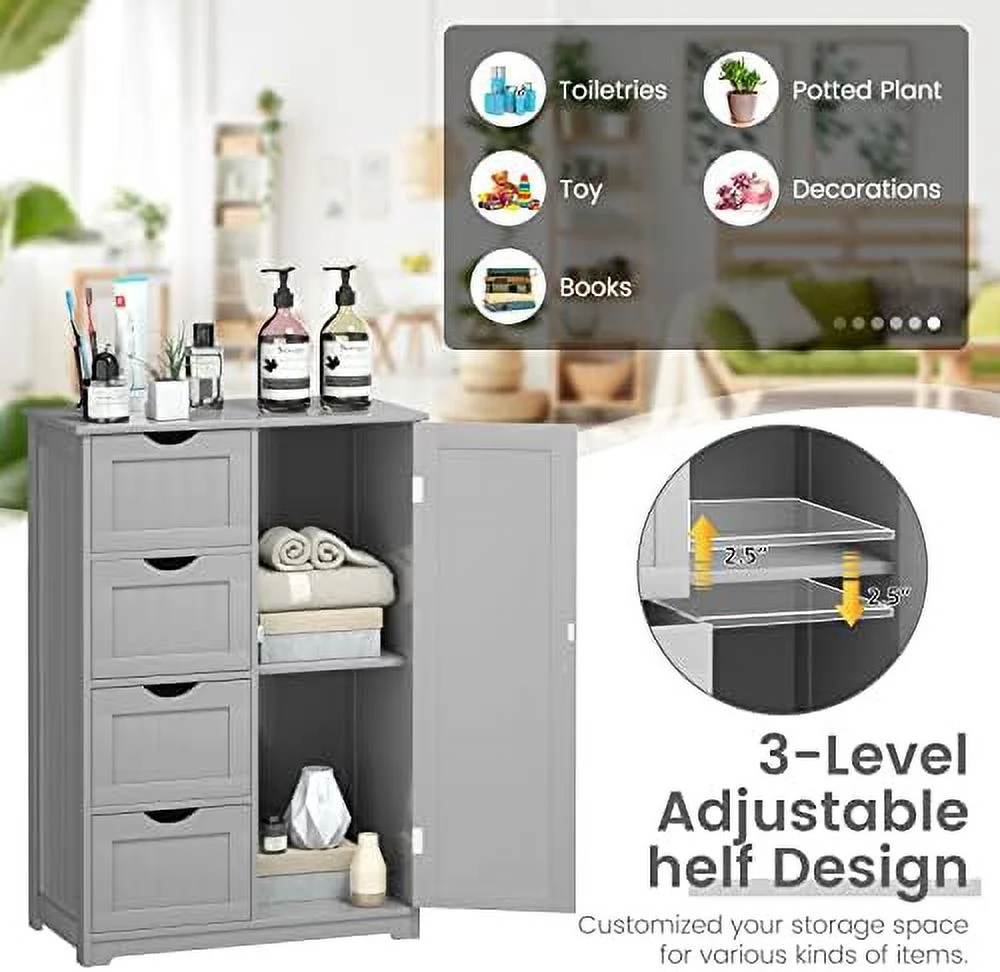 KHBIULIFE Bathroom Floor Cabinet  Side  Organizer Cabinet w/ 1 Cupboard and 4 Drawers  Wooden Free Standing  Cabinet w/Adjustable  in 3 Positions for