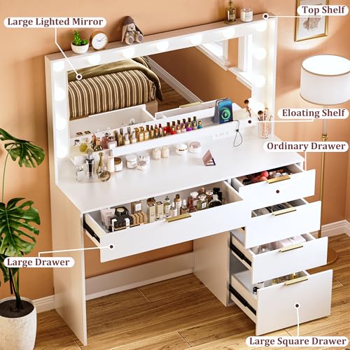 Vanity Desk with Large Mirror and Lights, 45.3in Makeup Vanity with Power Outlet 9 Drawers & Storage, 3 Lighting Color Adjustable