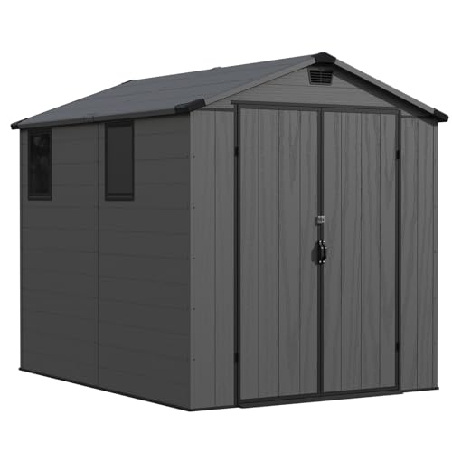 Patiowell 6 x 8 FT Plastic Outdoor Storage Shed with Floor, Resin Outside Tool Shed with Two Windows and Lockable Easy to Install, Door for Garden