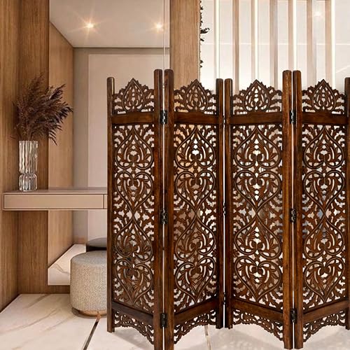 Lightnpro Wooden Room Divider - Handmade Foldable Partition Screen with Intricate Oval Carved Design Hinged