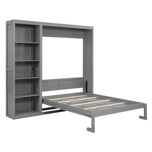 MERITLINE Full Murphy Bed with Storage Bookcase Shelves,Wood Folding Grey Murphy Wall Bed Cabinet