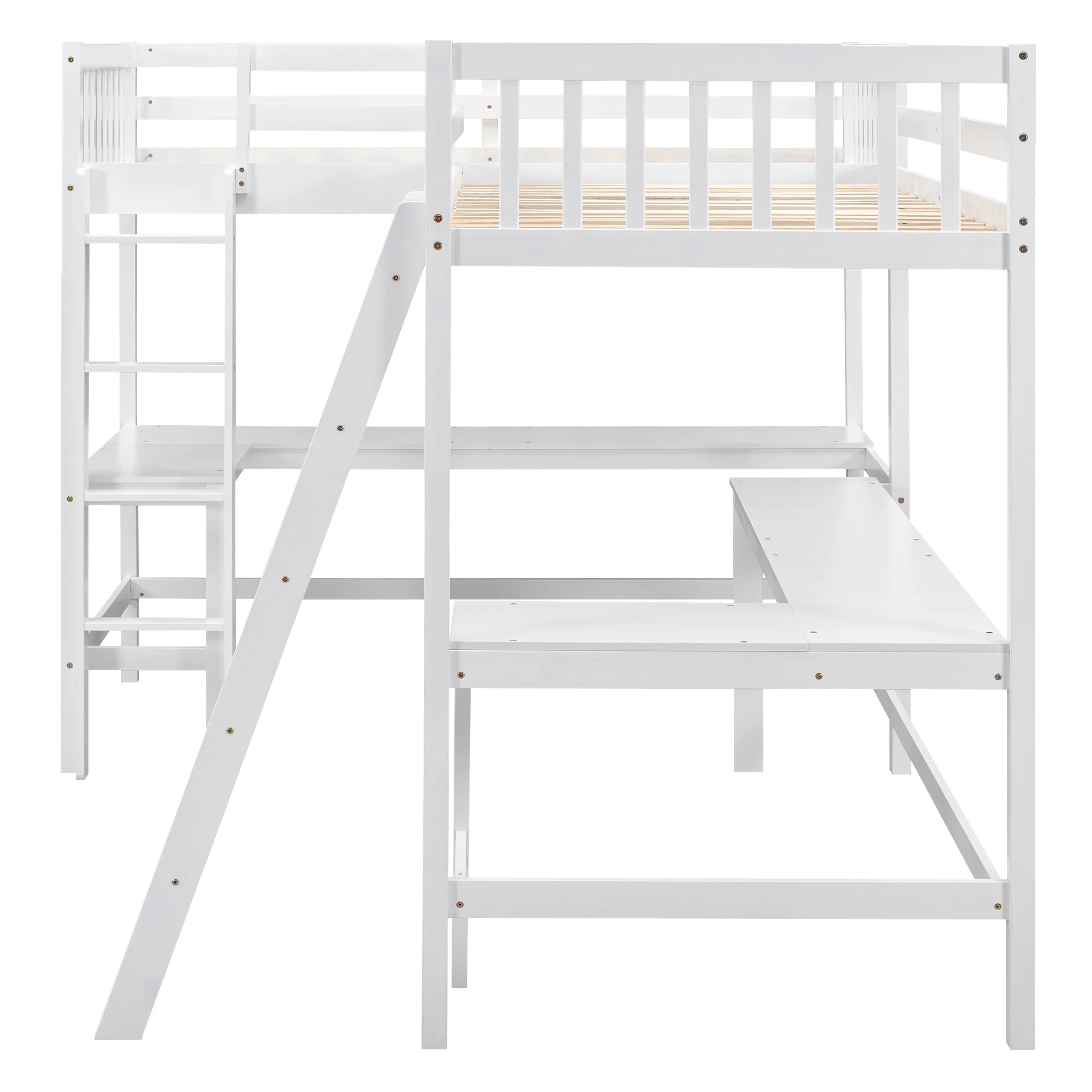 Euroco Twin Size L-Shaped Wood Loft Bed with Built-in Desks, 2-in-1 Loft Bed for Kids Teens Adults, White