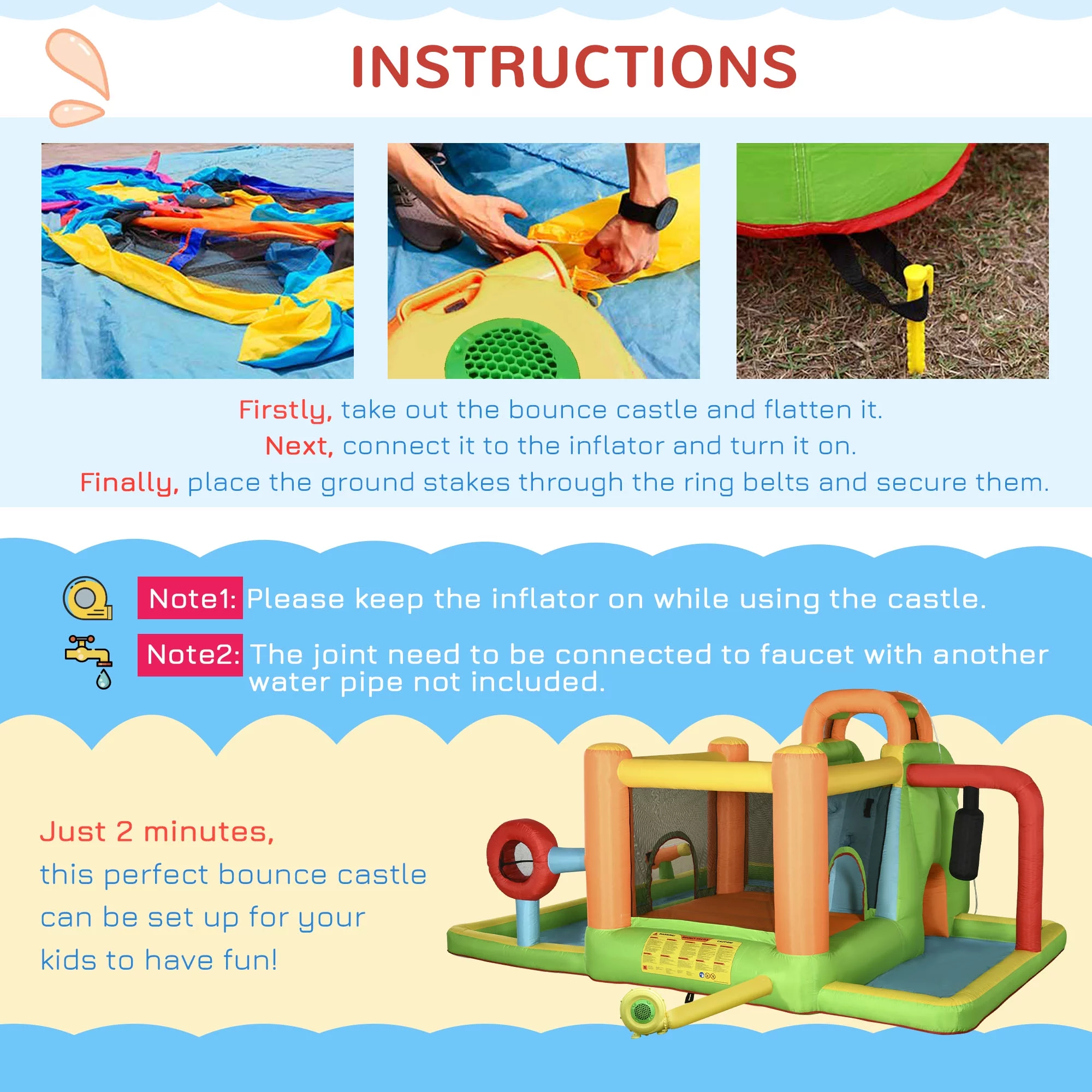 Outsunny 7-in-1 Inflatable Water Slide, Kids Castle Bounce House Includes Slide, trampoline, Pool, Water Cannon, Ball-target, Boxing Post