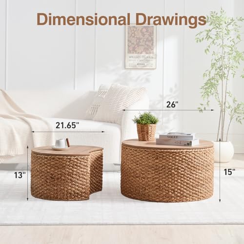 Round Nesting Coffee Table Set of 2 with Storage - Handwoven Wicker Rattan Ottoman Style, Boho Coastal Coffee Tables for Living Room