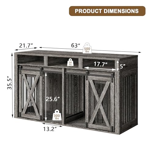 63" Large Dog Crate Furniture for 2 Dogs, Farmhouse Style Dog Cage TV Stand with Sliding Door
