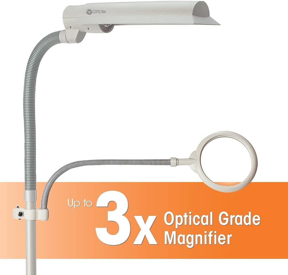 OttLite 18W EasyView Floor Lamp &ndash; Optical Grade Magnifier Attachment Arm, Flexible Neck & Shade, Modern Design for Crafting, Work, Office