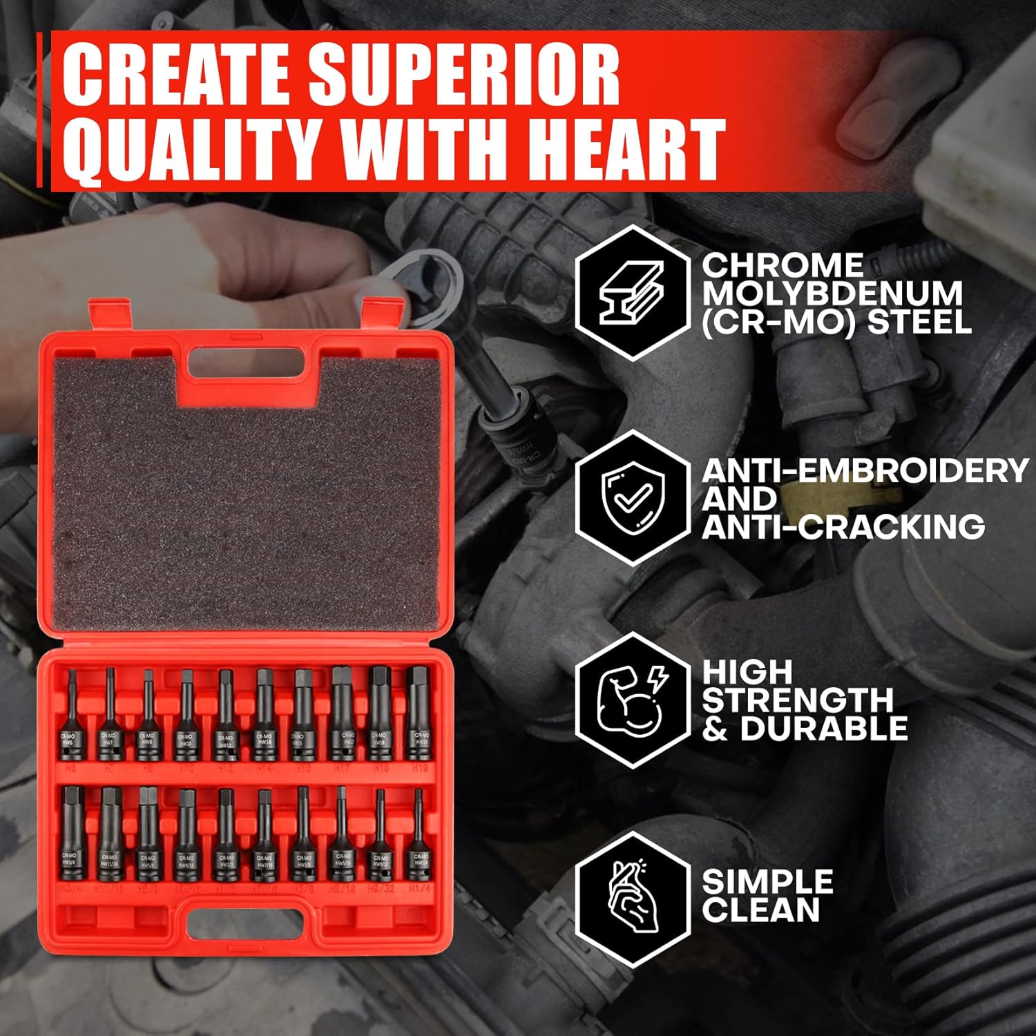 C&T 20 Piece 1/2 Drive Master Impact Hex Driver Set, SAE Metric Hex Head Impact Driver Bit Set 1/4 - 3/4, 6mm - 19mm