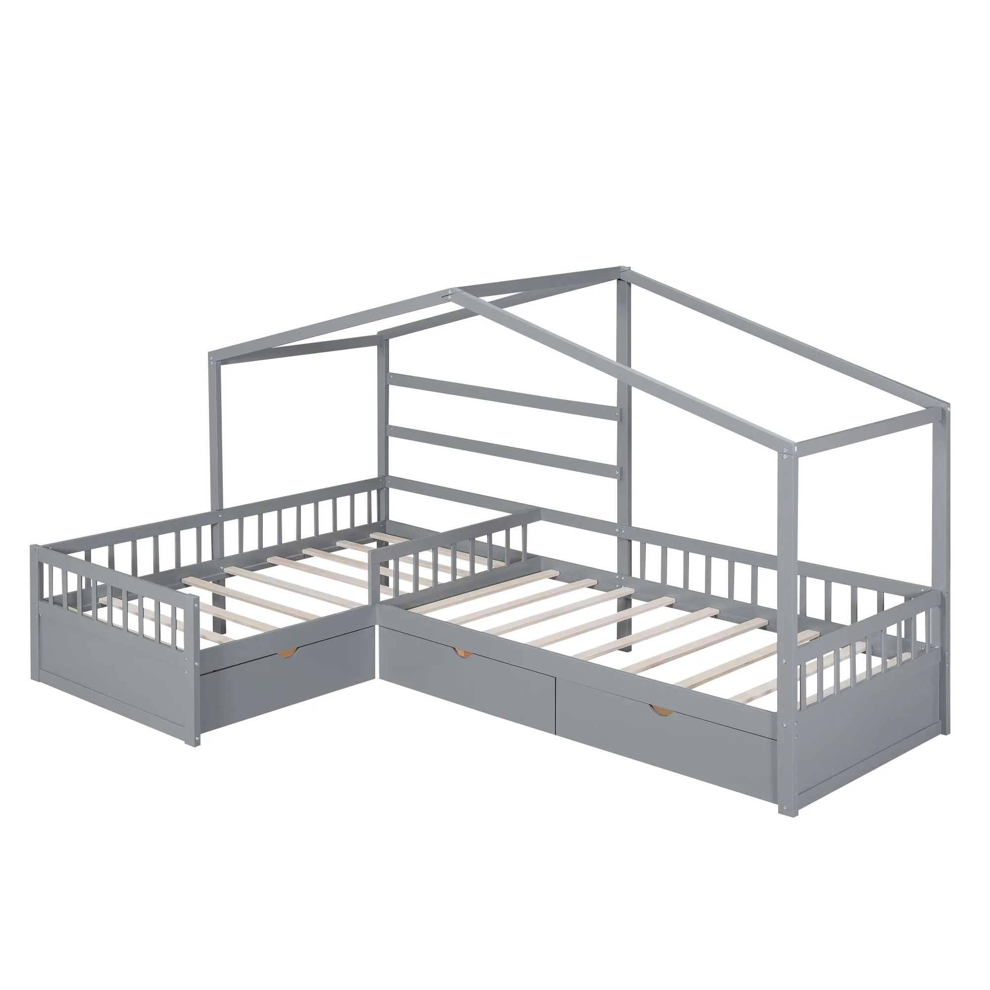 Churanty L Shaped Twin Bed for 2 Kids, Twin Size House Platform Bed with 3 Storage Drawers, Wood Double Twin Beds with Fence and Roof
