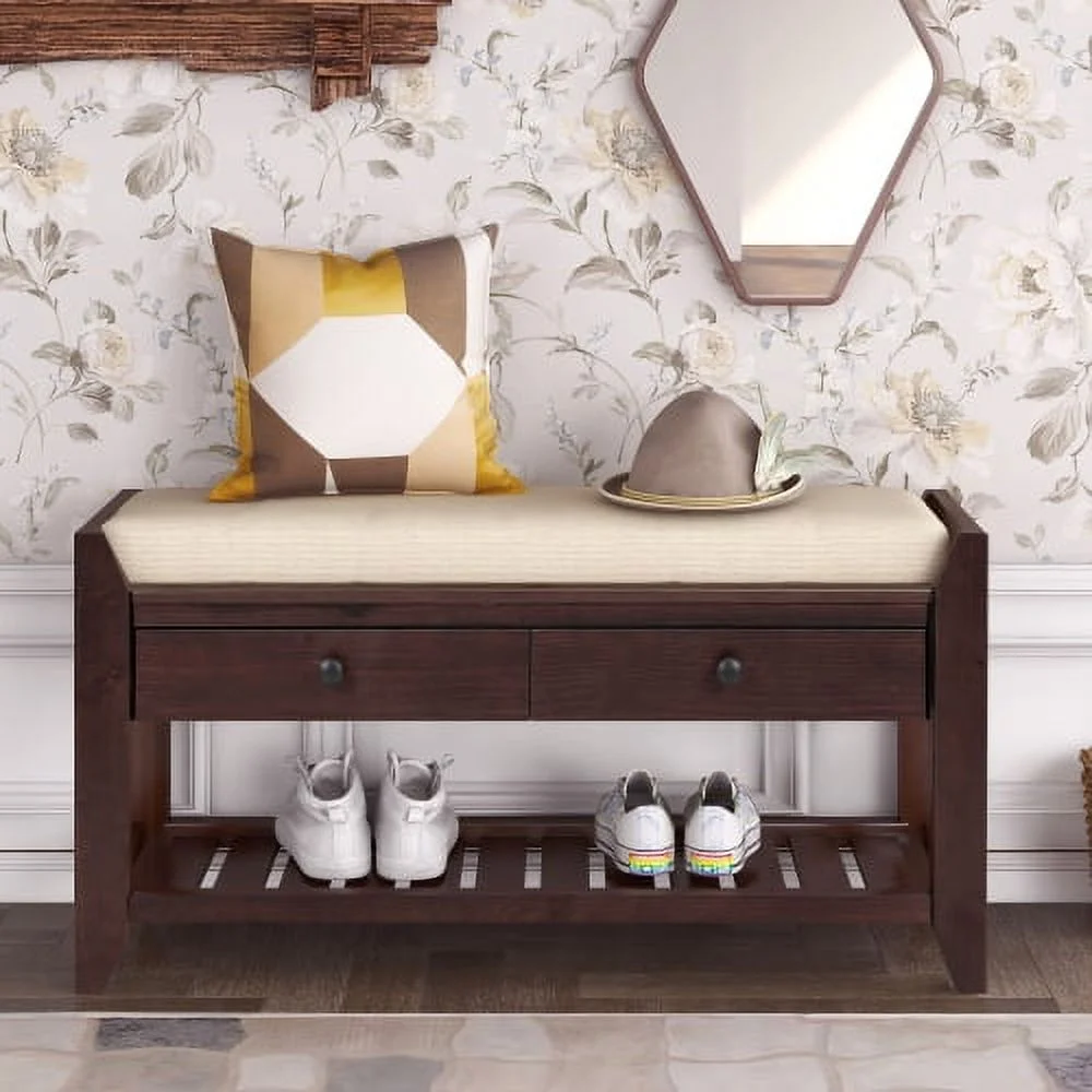 Shoe Rack with Cushioned Seat and Drawers, Multipurpose Entryway Storage Bench (Espresso)