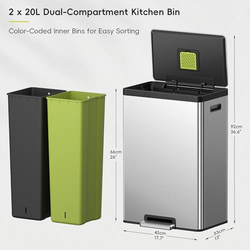 EKO EcoCasa II 36L+24L Dual Trash Can with Recycle Bin, Stainless Steel Garbage Can with Lid, Deodorizer Compartment