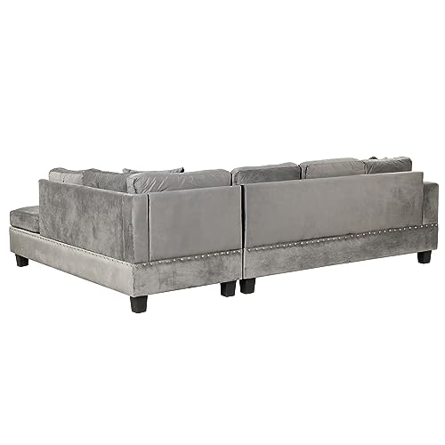 P PURLOVE Sectional Sofa Couch with Reversible Chaise and Ottoman, Polyester L-Shape Couch with 2 Pillows and Cup Holder