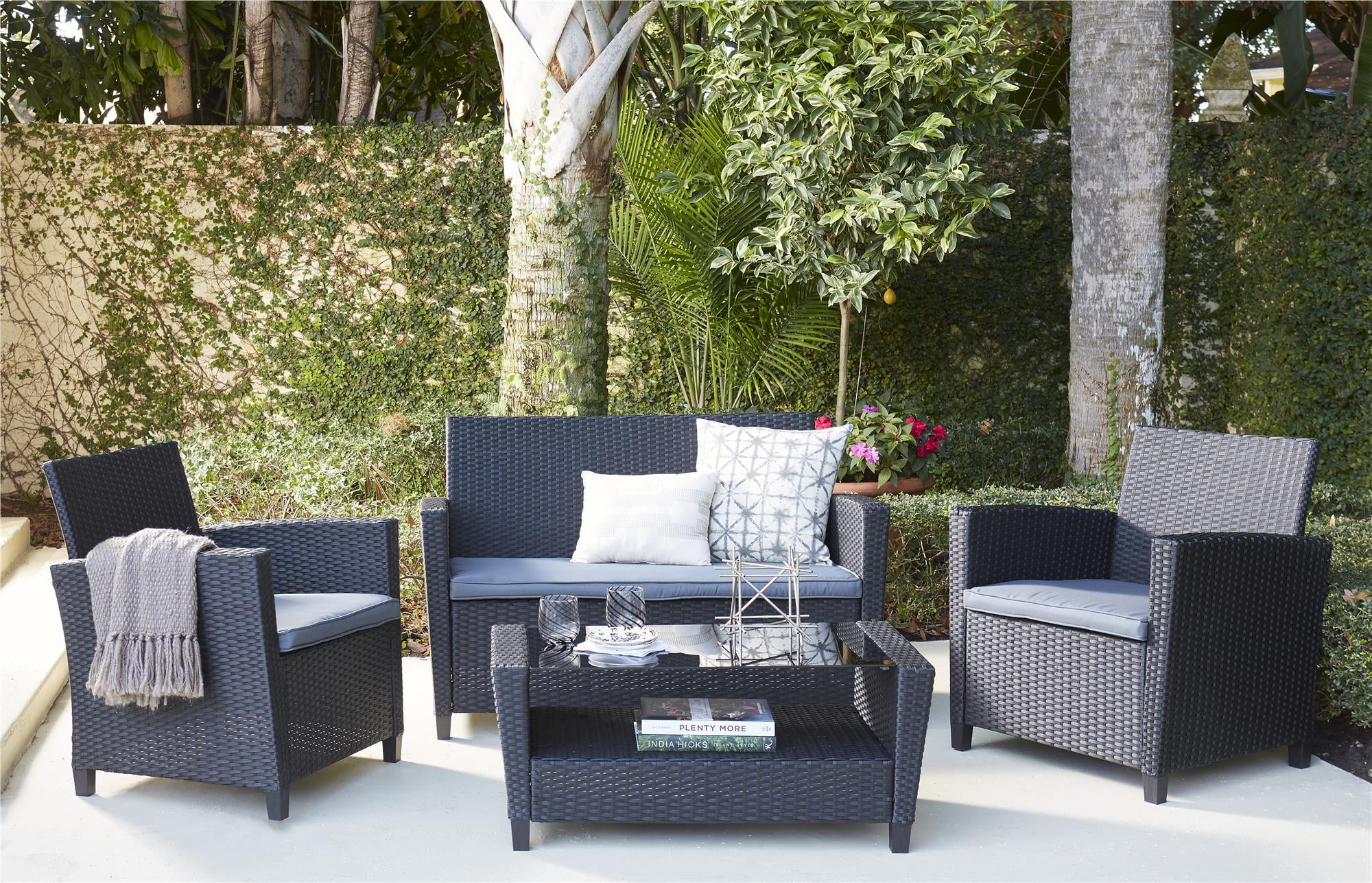 COSCO Outdoor 4 Piece Conversation Set, No Tools Assembly, Gray Cushions, Black Resin Wicker