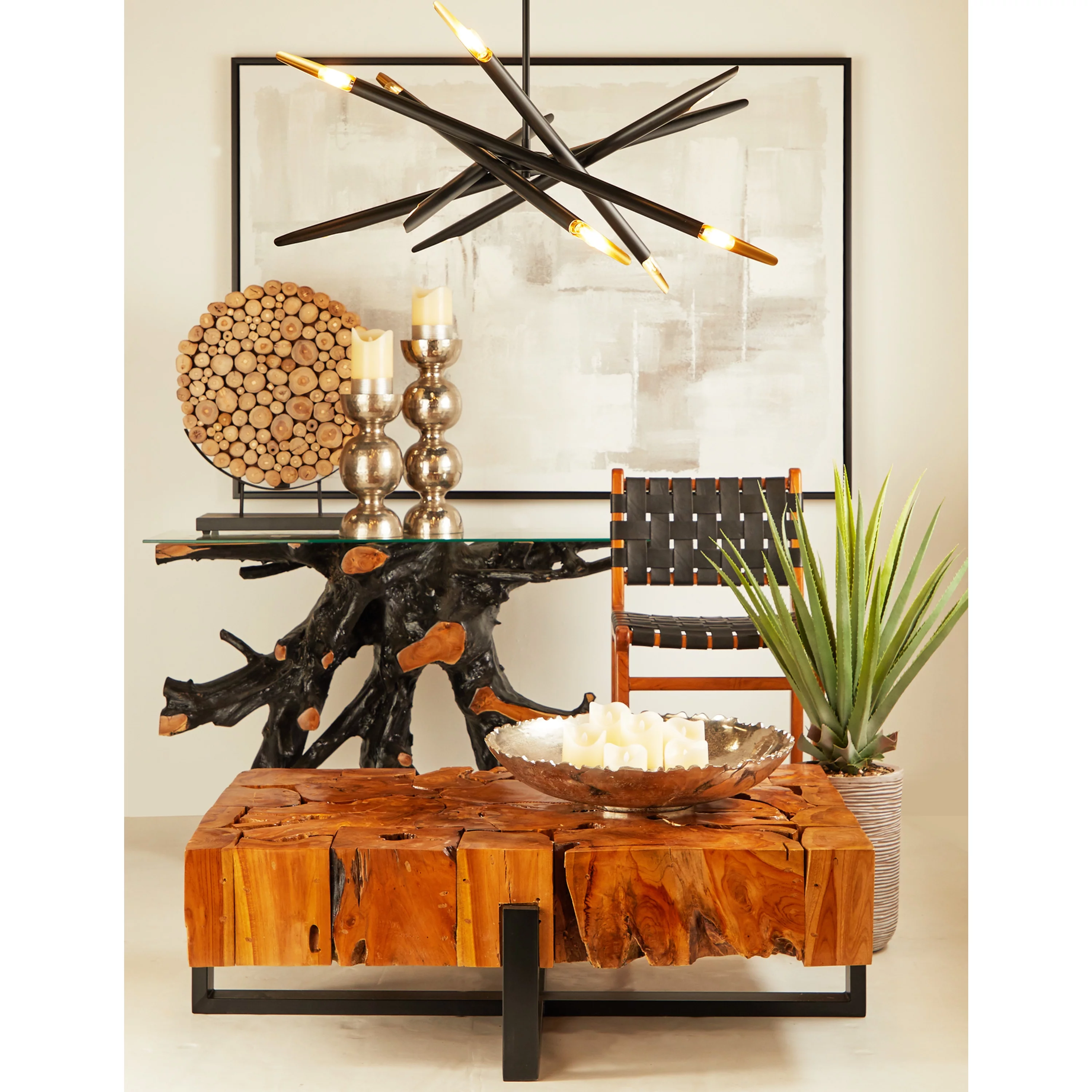 DecMode 49" x 32" Black Teak Wood Live Edge Tree Stump Console Table with Clear Glass Top, 1-Piece
