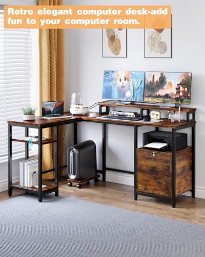 L Shaped Computer Desk with FiIe Drawers, 67" Reversible Computer Desk, Home Office Desk with Power Outlets