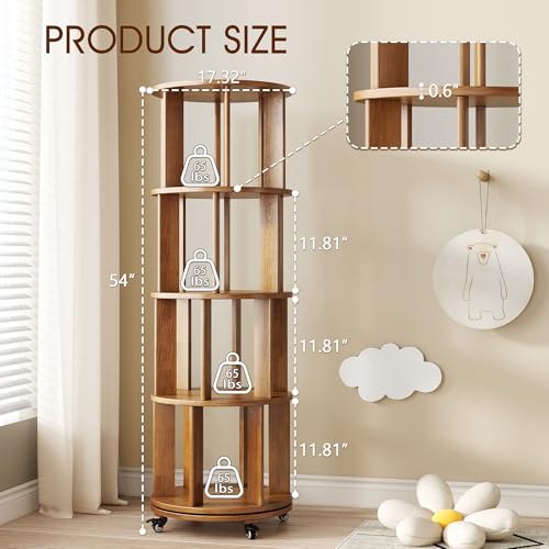 6 Tier Rotating Bookshelf Tower Spinning Bookshelf with Swivel Wheels Book Shelf Rotating Storage Tower for Kids Adult Narrow Walnut Solid Wood