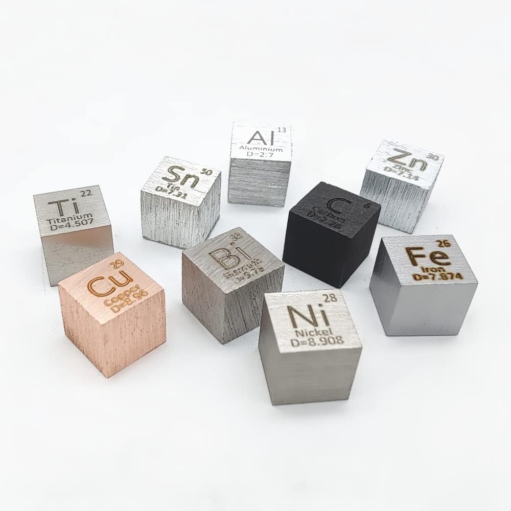 9 PCS Element Cube Set 10mm Density Cubes Up to 99.99% Pure Daily Metal Cubest Titanium Bismuth Carbon Nickel Iron Copper Zinc Aluminium Tin for